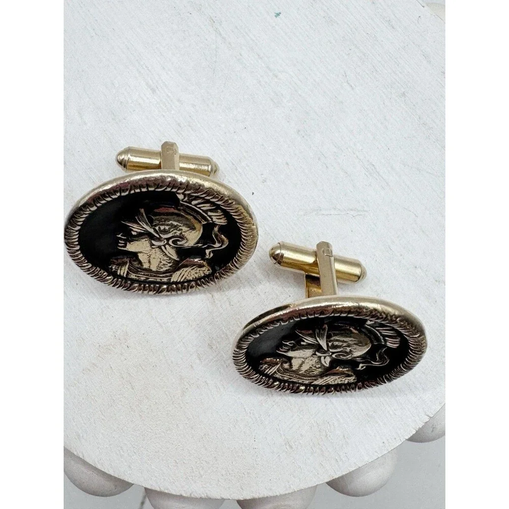 Vintage Mens Swank Centurion Roman Soldier Goldtone & Black Cufflinks